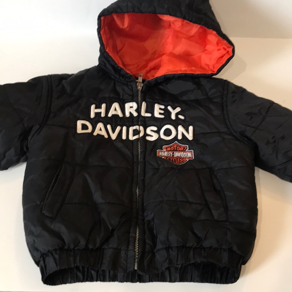 Harley Davidson Black Puffer Jacket with Orange Lining